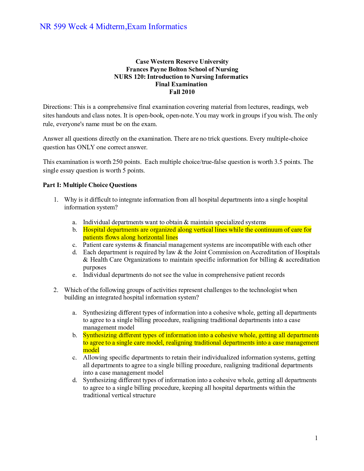 Preview image of NR 599 Week 4 Midterm,Exam Informatics document